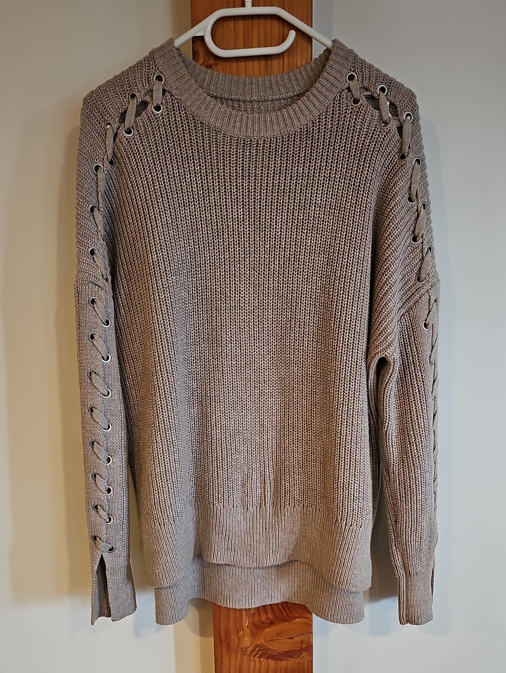 All Saints Lace-Up Grommet Knit Turtleneck in Taupe